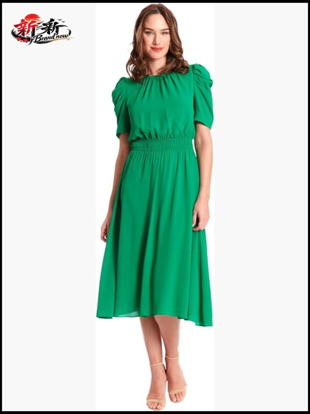 Puff Sleeve Midi Dress Gathered Waist A-Line Flowy Summer